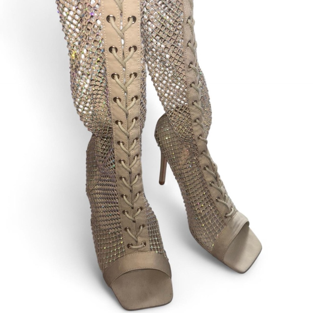 Stunning Rhinestone Lace-Up Heeled Boots